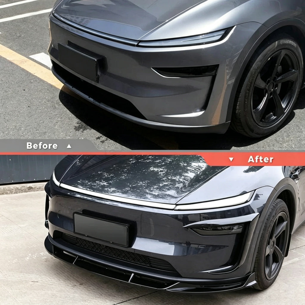 3-Piece Front Lip Spoiler & Fog Light Trim & Split-Type Side Skirts for Tesla Model Y Juniper 2025+