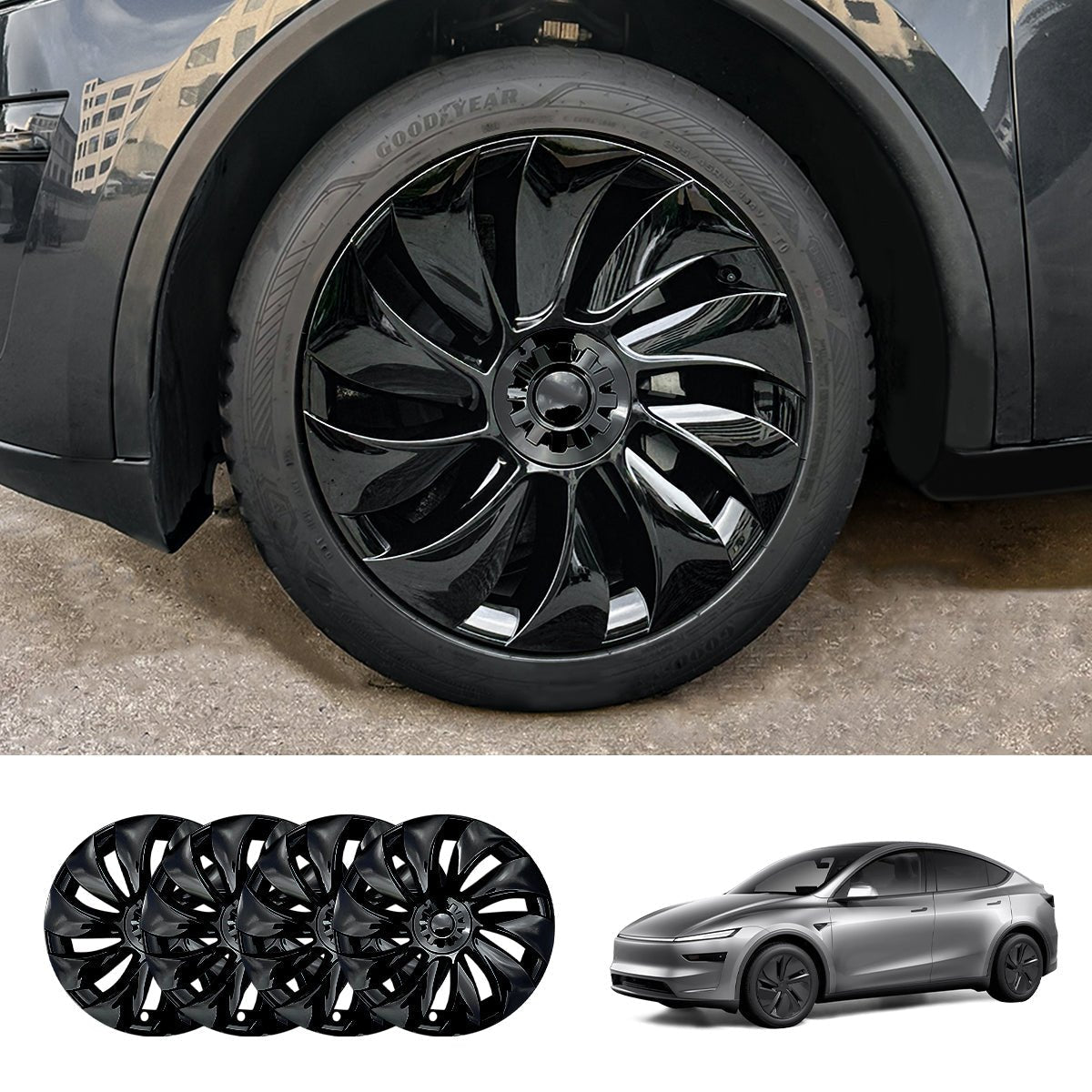 19'' Crossflow Hubcaps Wheel Covers – Spiral Spoke Style for Tesla Model Y Juniper 2025+ (Set of 4)