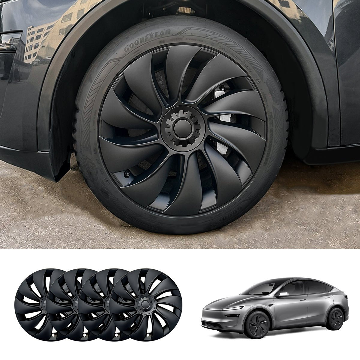 19'' Crossflow Hubcaps Wheel Covers – Spiral Spoke Style for Tesla Model Y Juniper 2025+ (Set of 4)