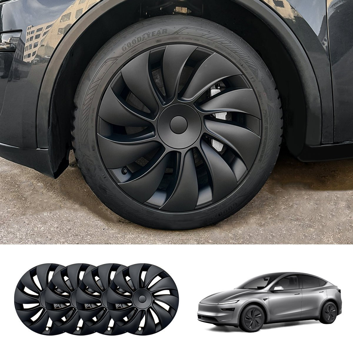 19'' Crossflow Hubcaps Wheel Covers – Spiral Spoke Style for Tesla Model Y Juniper 2025+ (Set of 4)