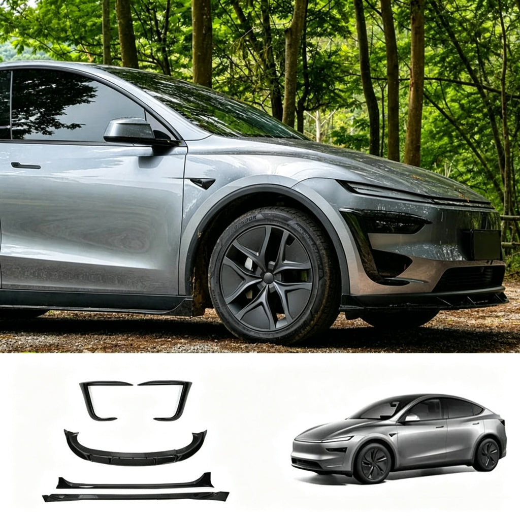 3-Piece Front Lip Spoiler & Fog Light Trim & Split-Type Side Skirts for Tesla Model Y Juniper 2025+
