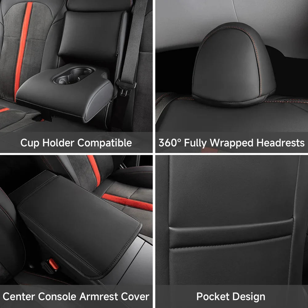 Alcantara All-Inclusive Seat Covers for Tesla Model 3 (2018-2025+) / Model Y (2021-2025+) (Luxury Red Stitching Design) - T-Launch